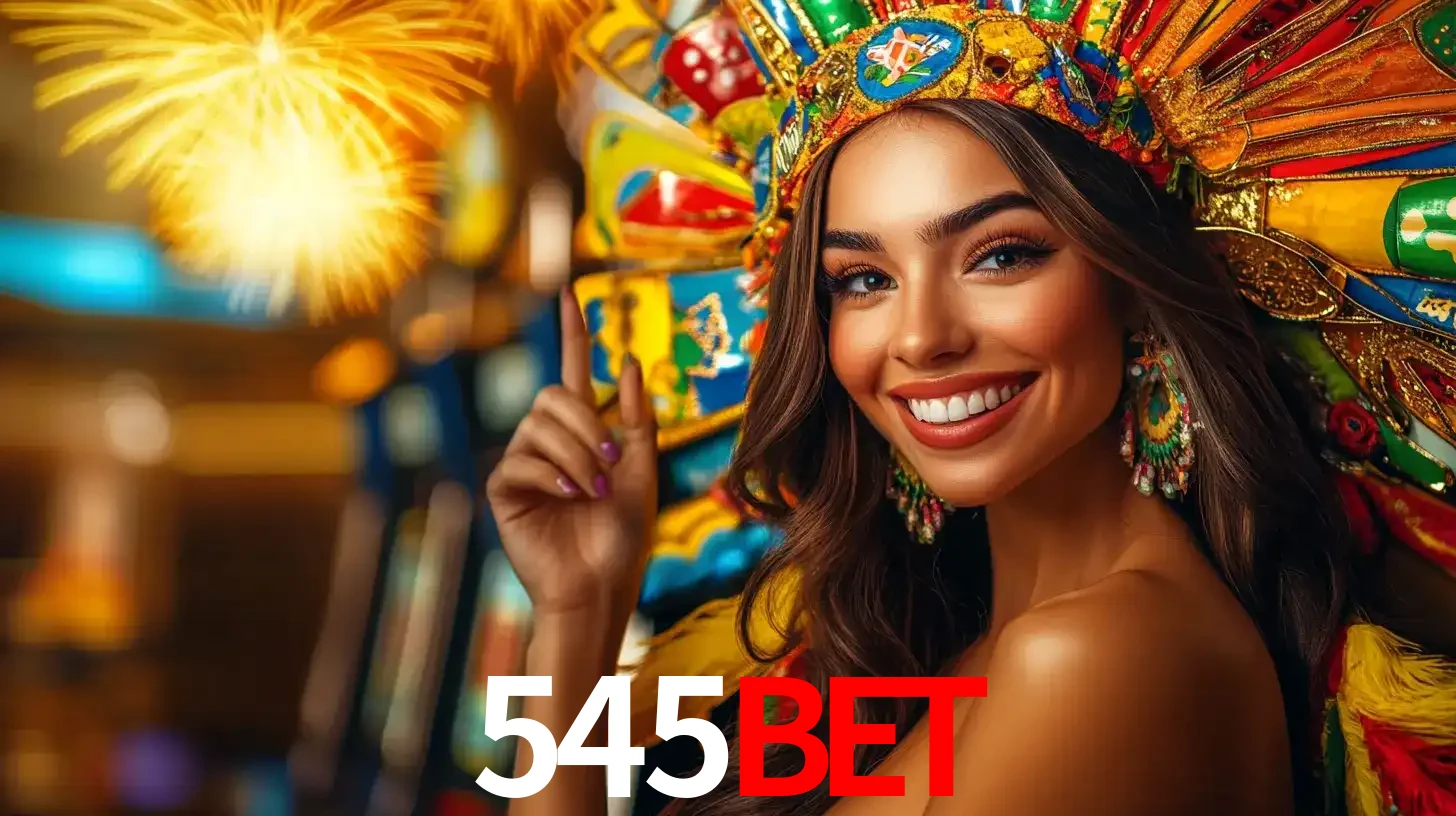 Mulher sorridente com um cocar de carnaval vibrante e colorido, celebrando uma grande vitória nos jogos do cassino 545bet com fogos de artifício ao fundo.