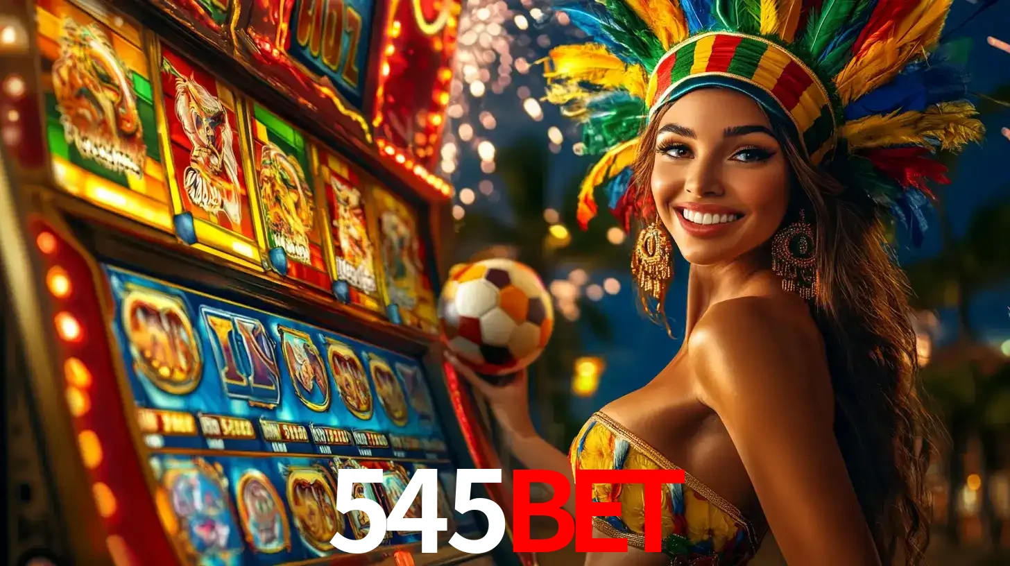 Mulher com um cocar de carnaval ao lado de uma máquina de caça-níqueis enquanto segura uma bola de futebol, mostrando a união da diversão de cassino e esportes no 545bet.