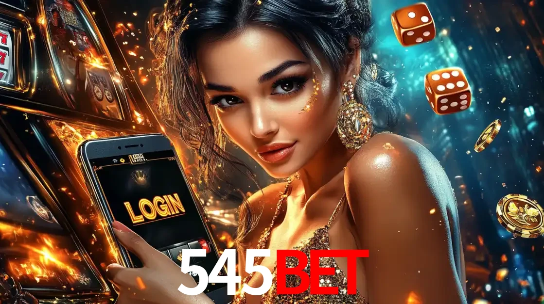 Mulher glamourosa segurando um celular com a tela de login do cassino 545bet, rodeada por dados e moedas douradas, pronta para começar a diversão.