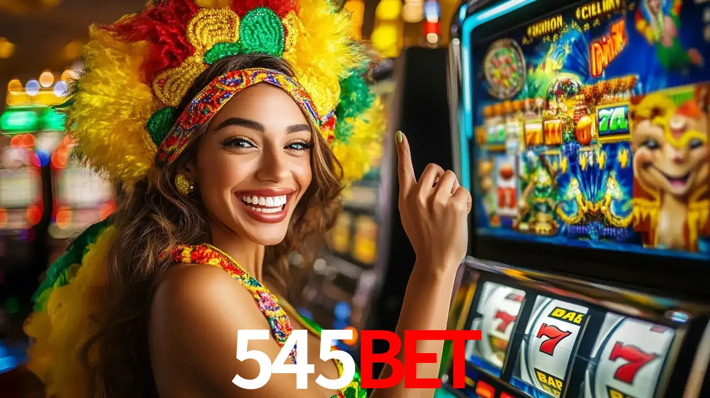Mulher animada com um cocar de carnaval apontando para uma máquina de caça-níqueis, mostrando a emoção de ganhar um grande prêmio nos jogos do 545bet.