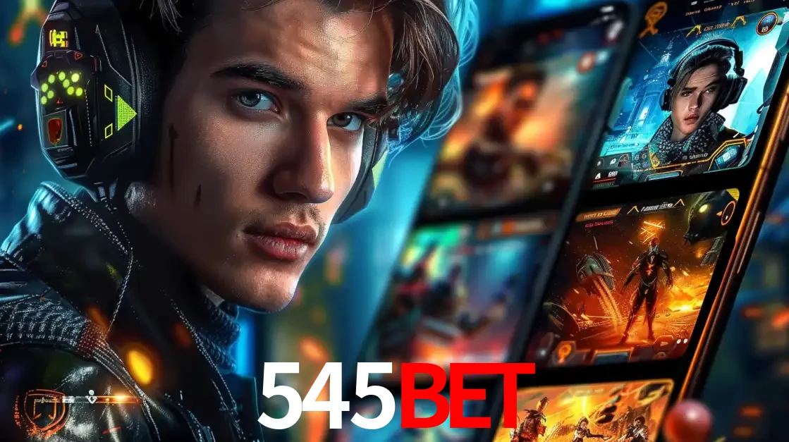 Jovem jogador com fones de ouvido olhando para a câmera, com um aplicativo de jogos e e-sports para celular ao fundo, pronto para a competição e apostas no 545bet.