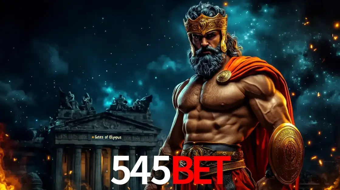 O poderoso Zeus do jogo de slot Gates of Olympus em frente ao seu templo, pronto para lançar multiplicadores divinos e prêmios épicos no cassino online 545bet.