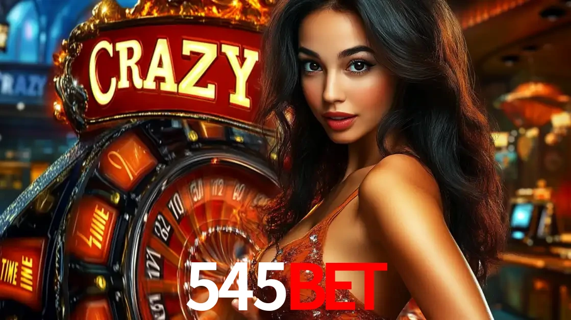 Mulher glamourosa olhando para a câmera com a roda vermelha do Crazy Time ao fundo em um ambiente de cassino, destacando a emoção dos jogos ao vivo no 545bet.