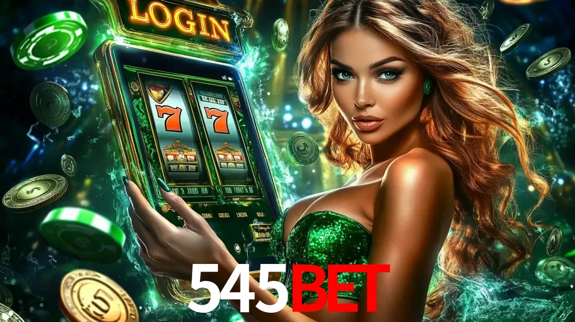 Mulher com tema verde apresentando o aplicativo do cassino 545bet com um jogo de slot de 777, cercada por fichas de cassino e uma aura de sorte.