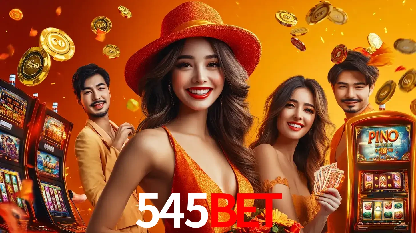 Grupo de amigos asiáticos sorrindo e se divertindo com máquinas de caça-níqueis em um ambiente festivo, celebrando suas vitórias nos jogos de cassino do 545bet.