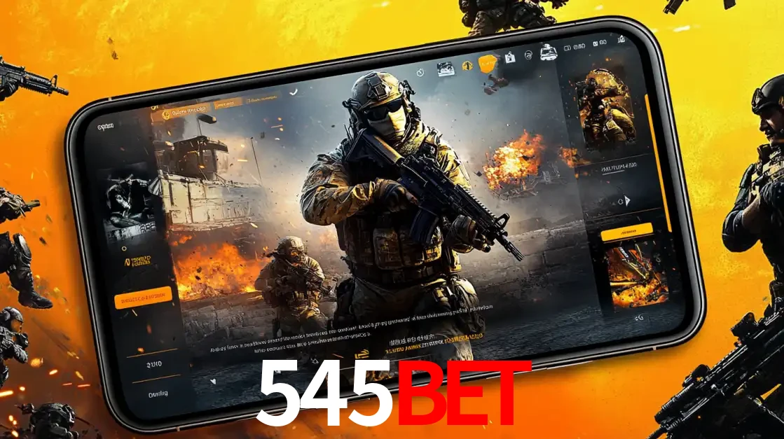 Um smartphone exibindo a interface de um jogo de tiro em primeira pessoa, com um soldado em um cenário de batalha, representando a ação dos e-sports para apostar no 545bet.