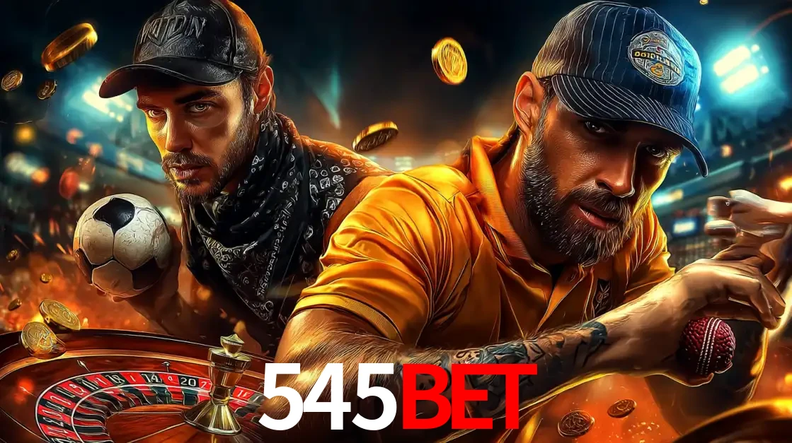 Montagem de apostas esportivas e cassino no 545bet, com um homem segurando uma bola de futebol e outro uma de beisebol sobre uma roleta e moedas voadoras.
