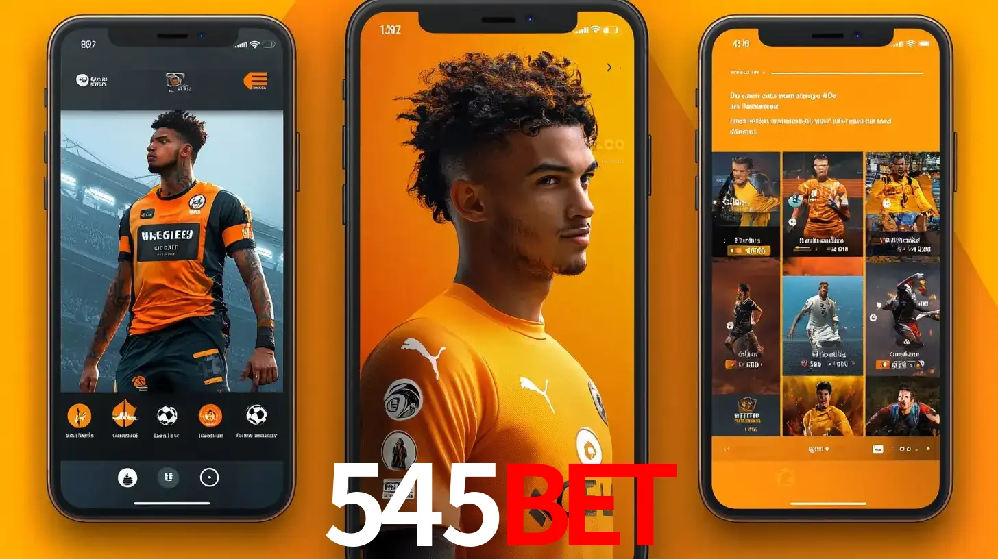 Interface do aplicativo de apostas esportivas 545bet em três telas de celular, mostrando o perfil de um jogador de futebol e a lista de jogos disponíveis para apostar.