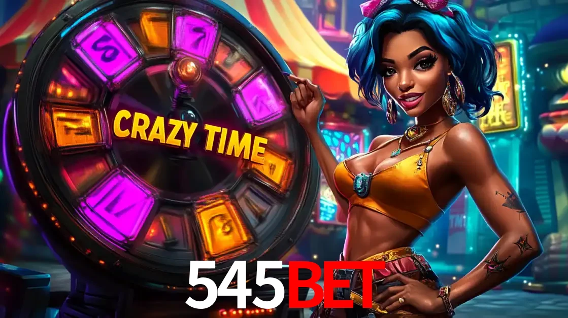 Mulher estilizada com cabelo azul e visual vibrante posando ao lado da roda de prêmios do game show Crazy Time, convidando para a diversão e os bônus do cassino 545bet.