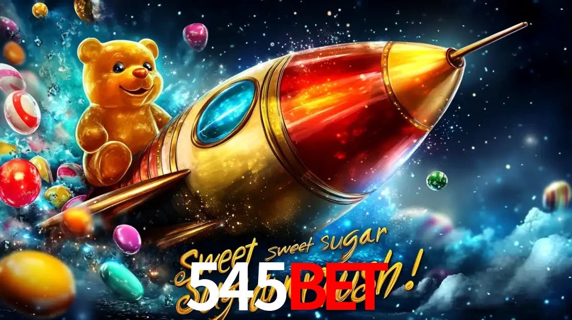 Arte promocional do jogo de slot Sugar Rush, com um urso de pelúcia em um foguete viajando pelo espaço de doces, um dos jogos divertidos disponíveis no cassino 545bet.