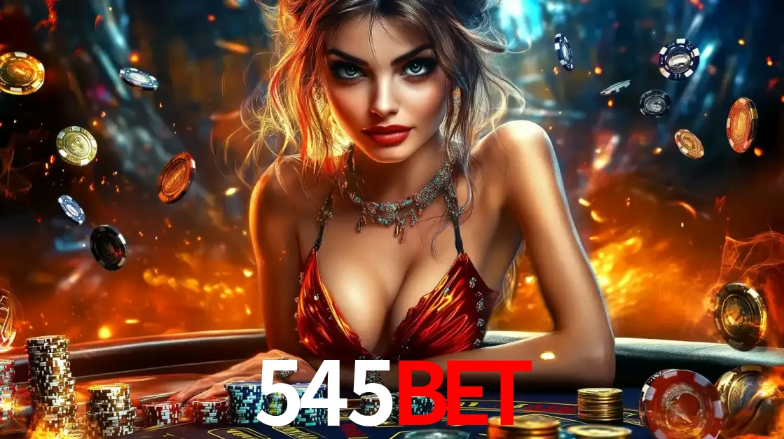 Mulher em uma mesa de cassino com pilhas de fichas e um fundo de fogo, pronta para uma rodada de altas apostas nos jogos de mesa emocionantes do cassino 545bet.