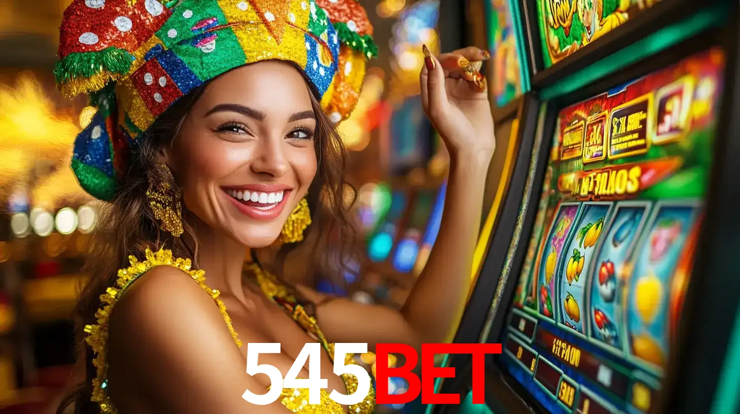 Mulher feliz com traje de carnaval amarelo e colorido ao lado de uma máquina de caça-níqueis, aproveitando a diversão e os jogos temáticos do cassino 545bet.