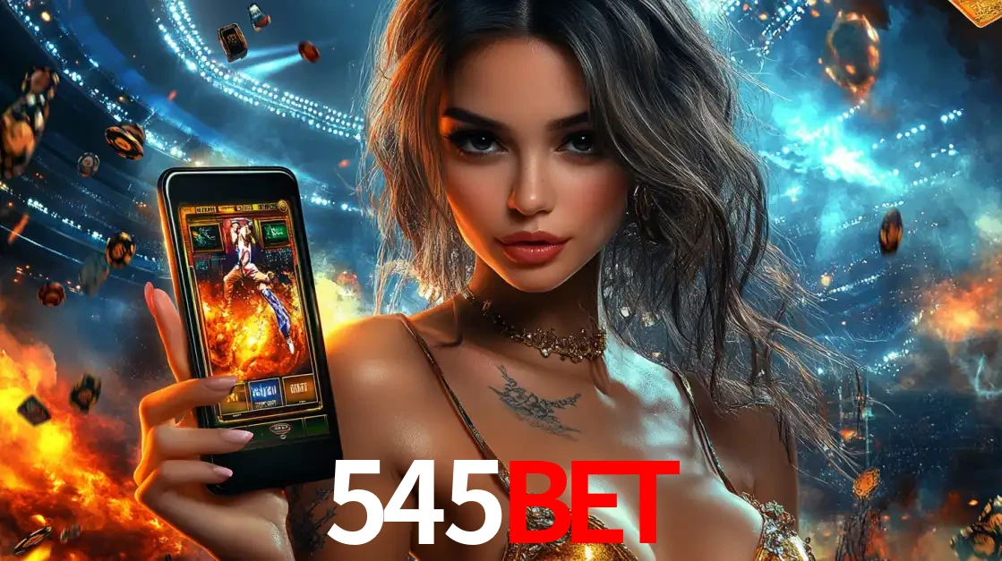 Mulher segurando um celular com um jogo de slot em destaque, tendo como fundo um estádio vibrante, simbolizando a emoção de jogar no cassino móvel 545bet.