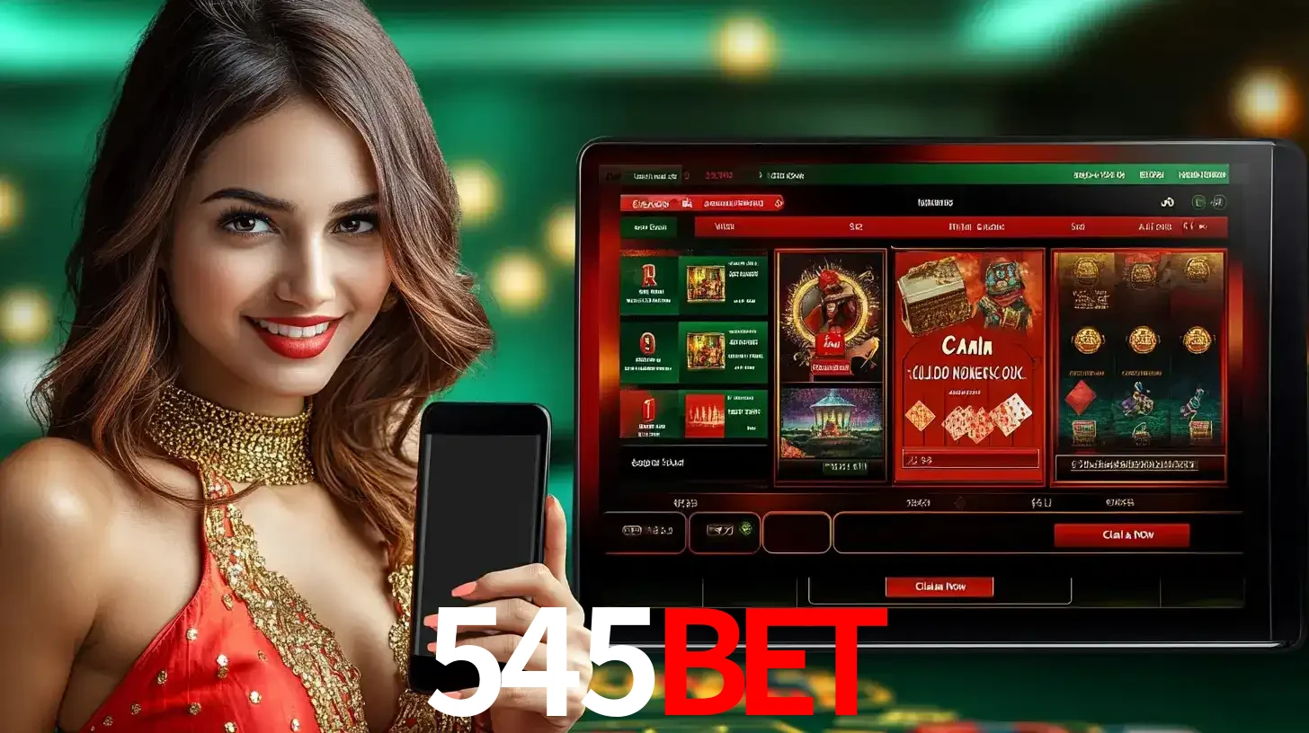 Mulher sorridente segurando um smartphone, ao lado de uma tela exibindo o lobby de jogos do cassino online 545bet, com várias opções de jogos de cartas e slots.